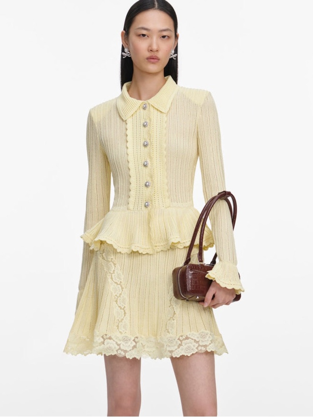 NWOT Self-Portrait YELLOW POINTELLE PEPLUM KNIT MINI DRESS